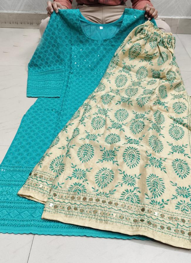 Pure Camric Cotton Teal Casual Wear Chikankari Work Readymade Kurti With Plazzo